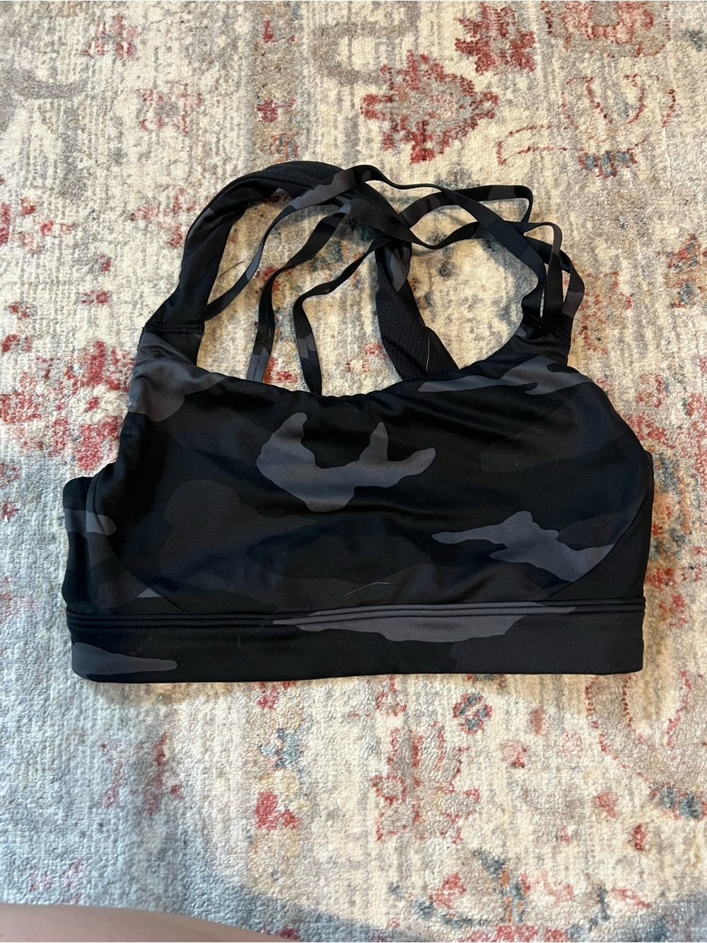 Athleta Black & Charcoal Camo Strappy Sports Bra